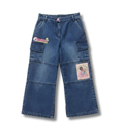 Girls Dark Blue Patch Detail Denim Pants