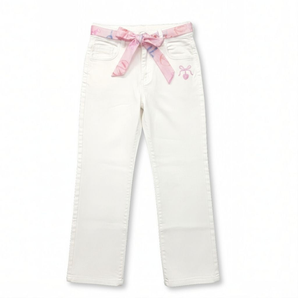Girls White Sequin Patch Straight Fit Pants