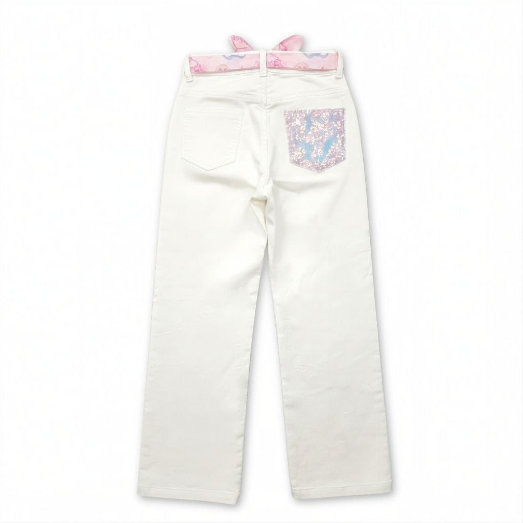 Girls White Sequin Patch Straight Fit Pants