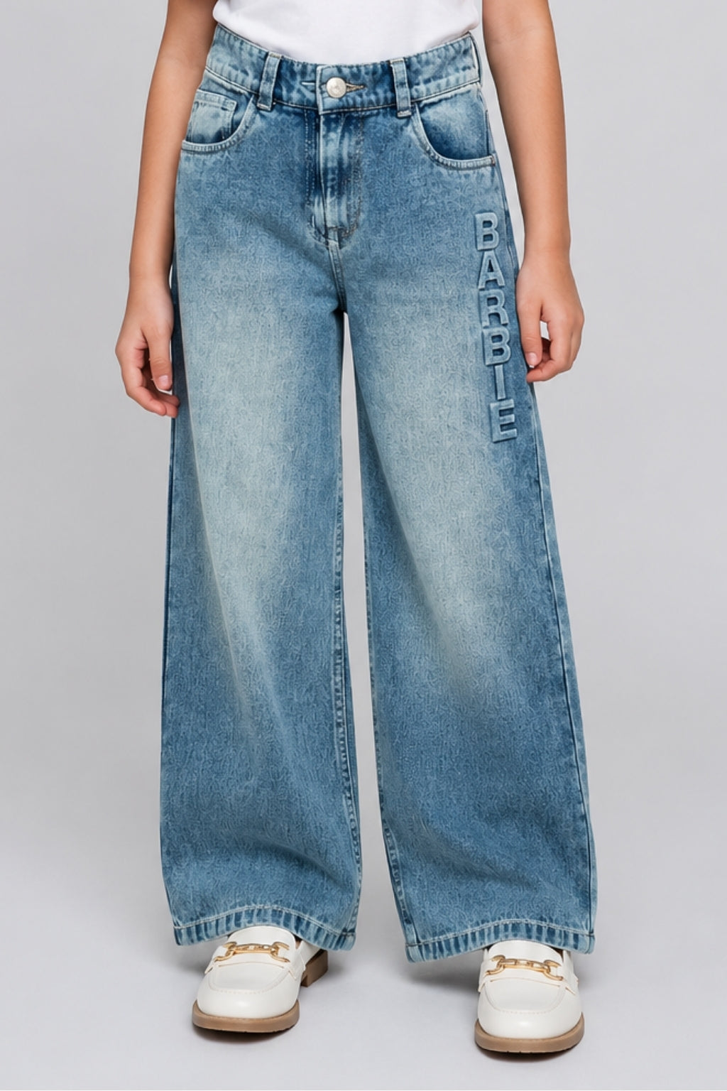 Girls Light Blue Barbie Embossed Straight-Fit Denim Pants