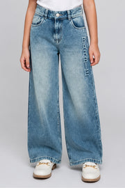 Girls Light Blue Barbie Embossed Straight-Fit Denim Pants