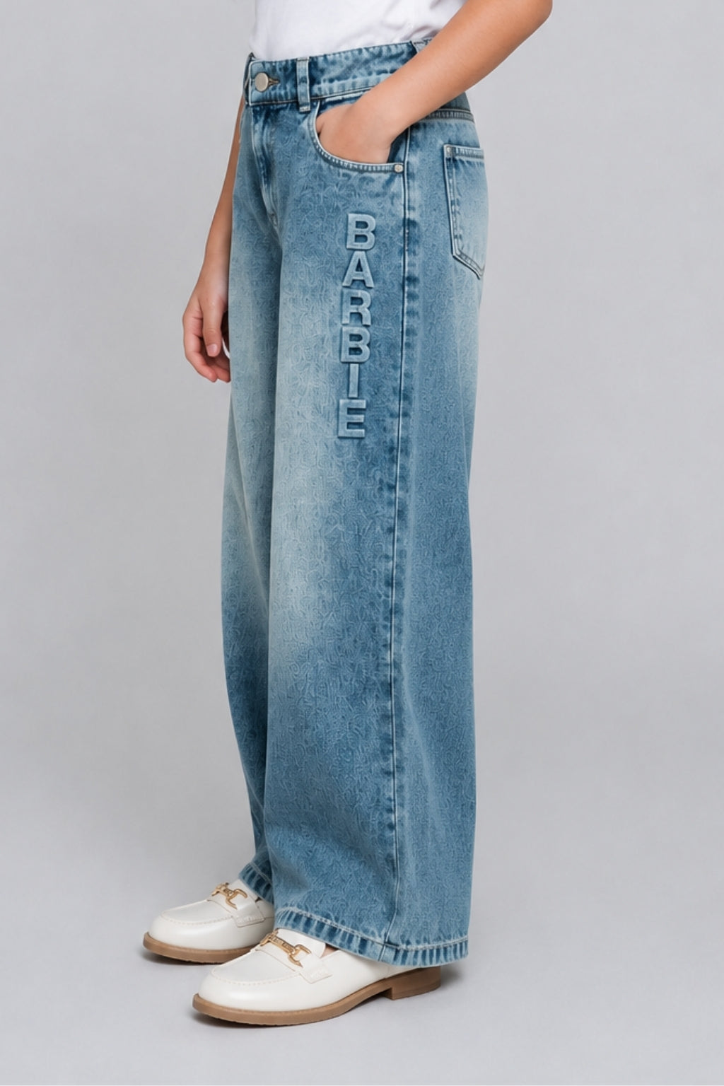 Girls Light Blue Barbie Embossed Straight-Fit Denim Pants
