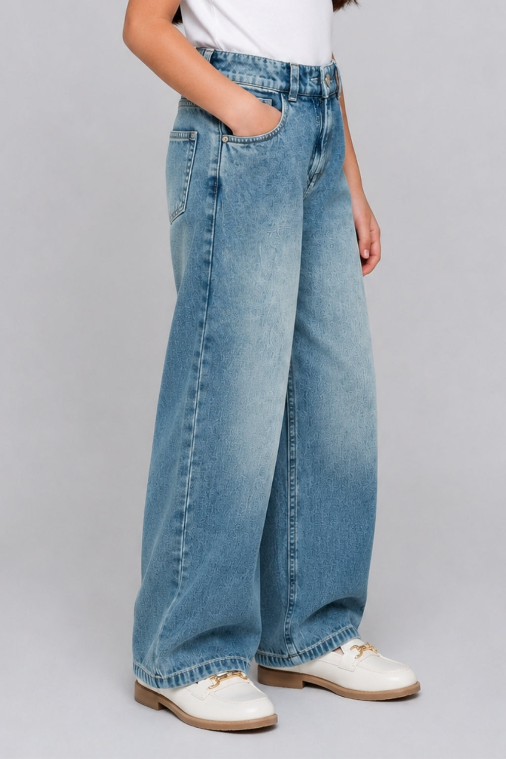 Girls Light Blue Barbie Embossed Straight-Fit Denim Pants