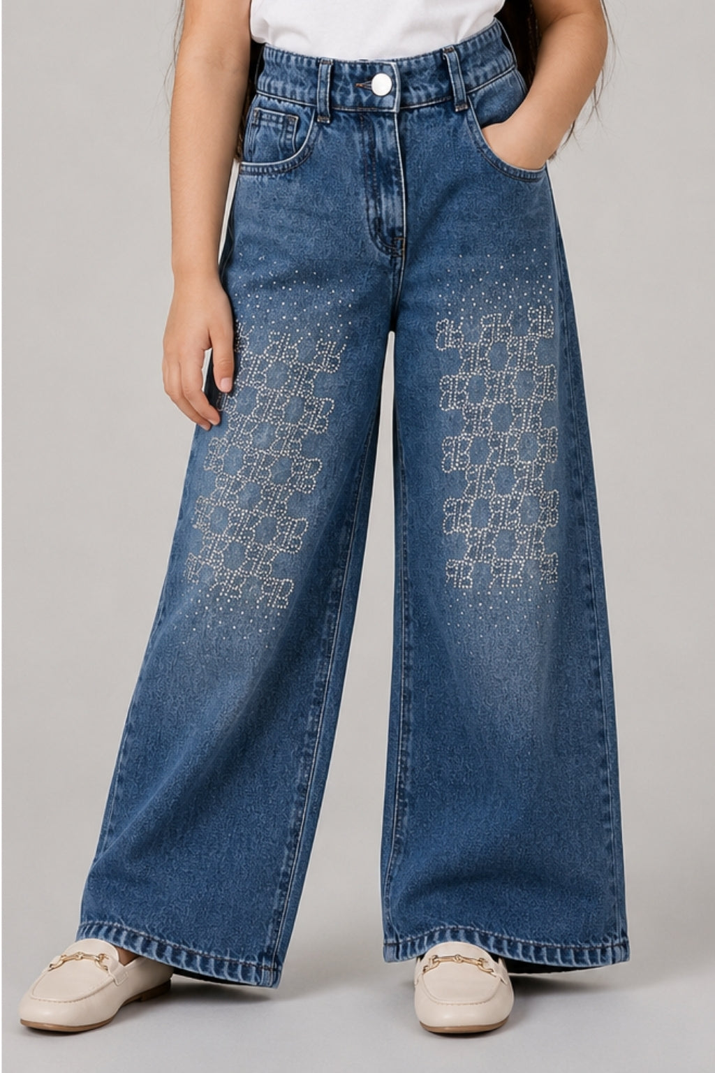 Girls Dark Blue Stud-Embellished Straight-Fit Denim Pants