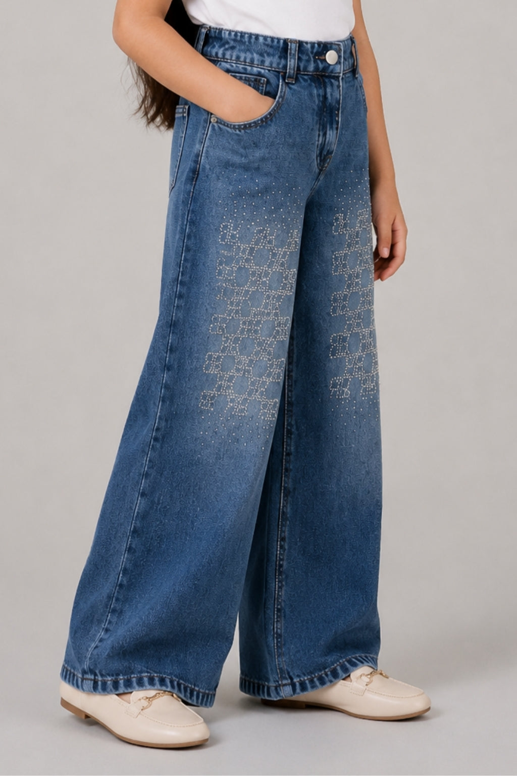 Girls Dark Blue Stud-Embellished Straight-Fit Denim Pants
