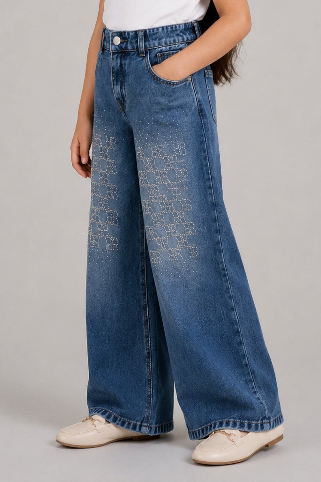 Girls Dark Blue Stud-Embellished Straight-Fit Denim Pants