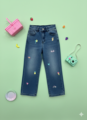 Girls Dark Blue Embroidered Denim Full-Length Pants