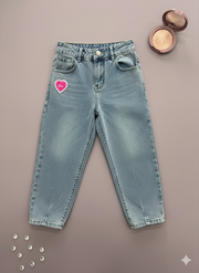 Girls Light Blue Back Pocket Embossed Mom Fit Denim Pants