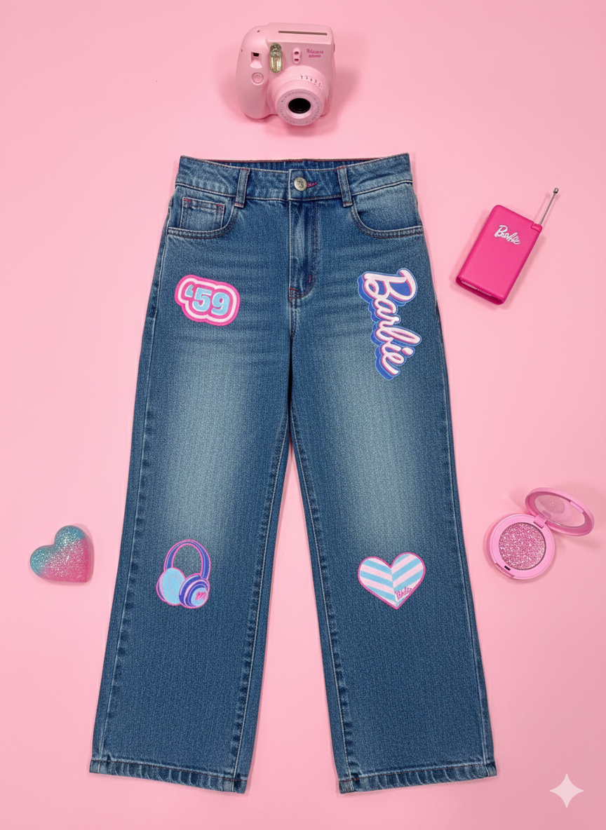 Girls Light Blue Graphic Print Denim Pants
