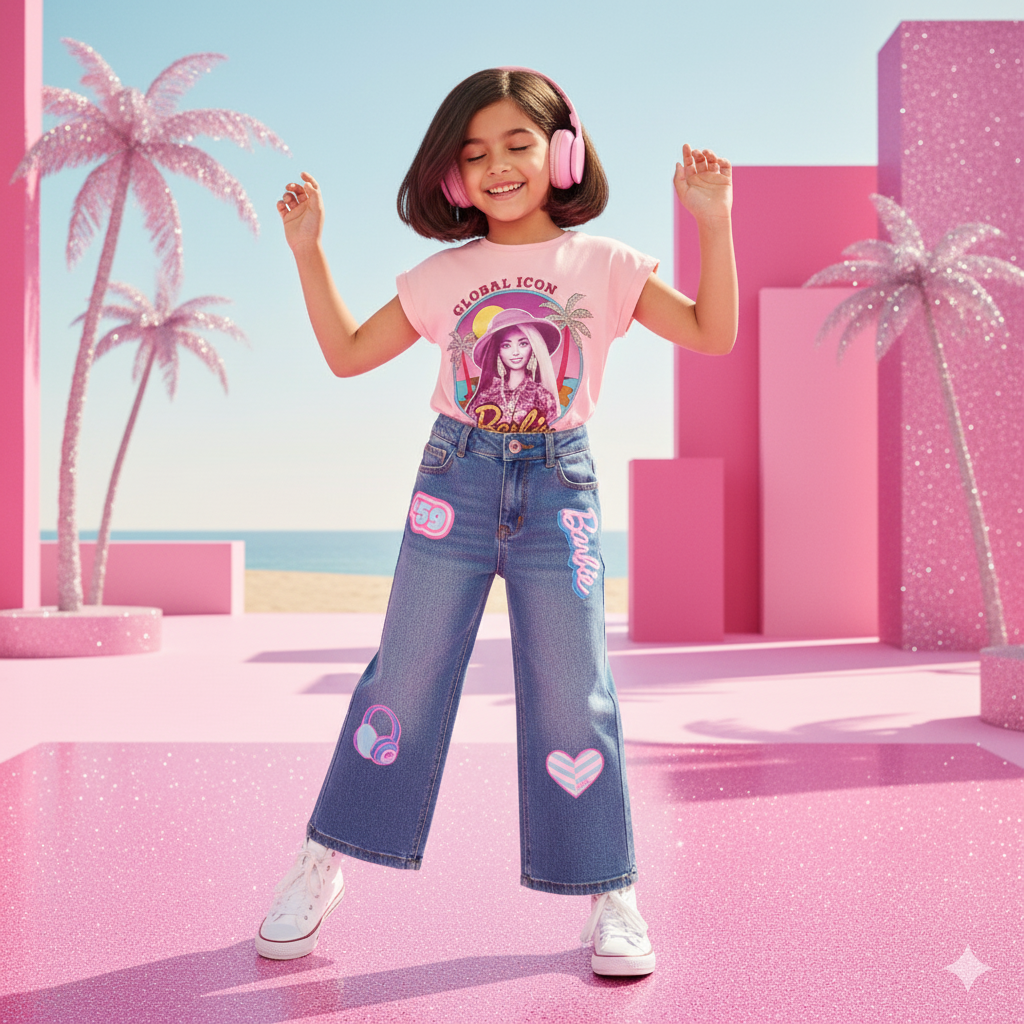 Girls Light Blue Graphic Print Denim Pants