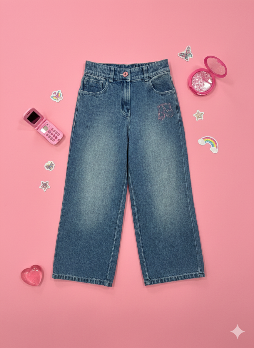 Girls Light Blue Stud Embellished Denim Pants