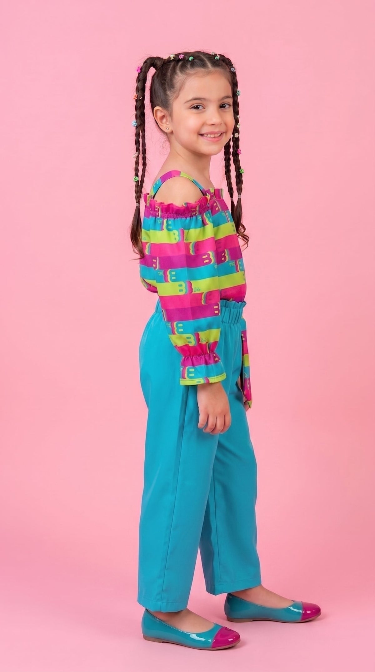 Barbie Rainbow Stripe Top & Aqua Pants Set