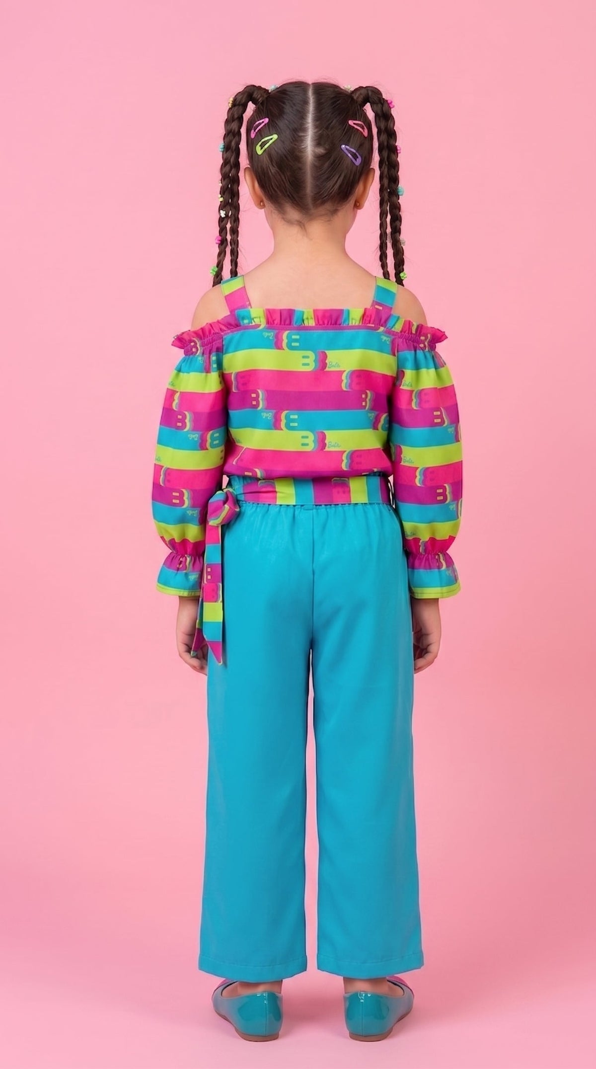 Barbie Rainbow Stripe Top & Aqua Pants Set