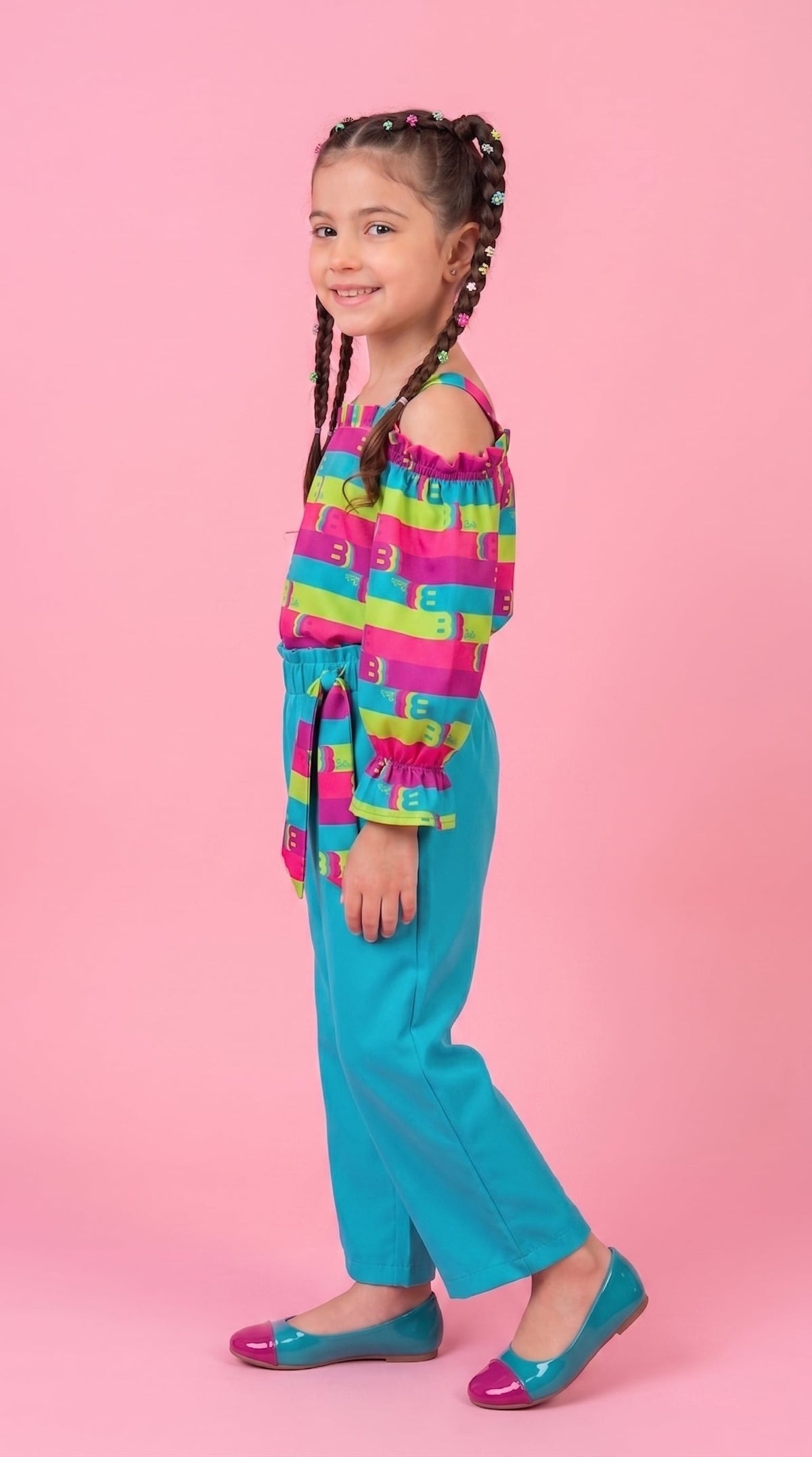 Barbie Rainbow Stripe Top & Aqua Pants Set