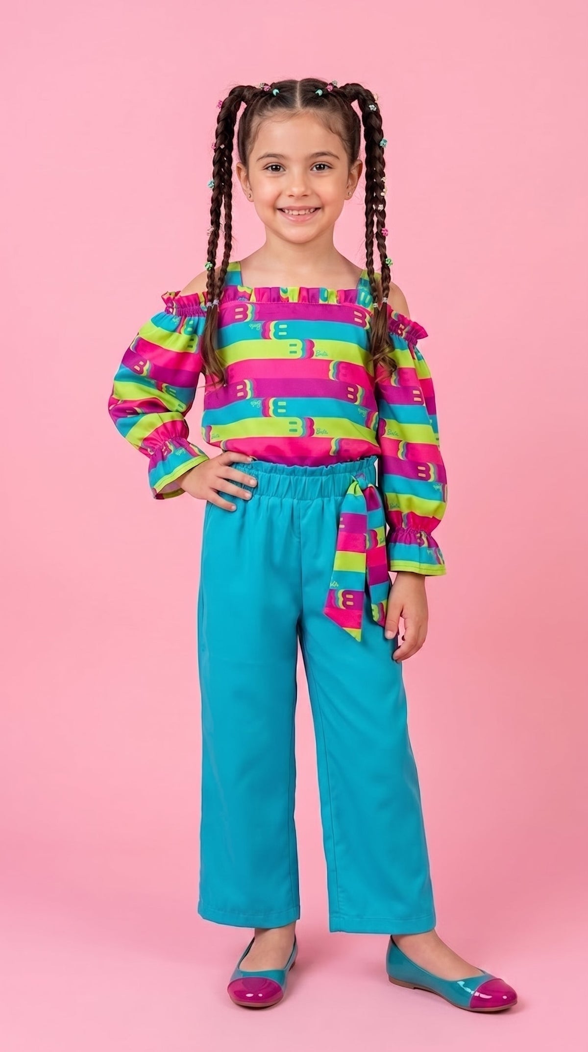 Barbie Rainbow Stripe Top & Aqua Pants Set
