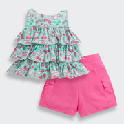 Girls Turquoise Green Printed Short Set