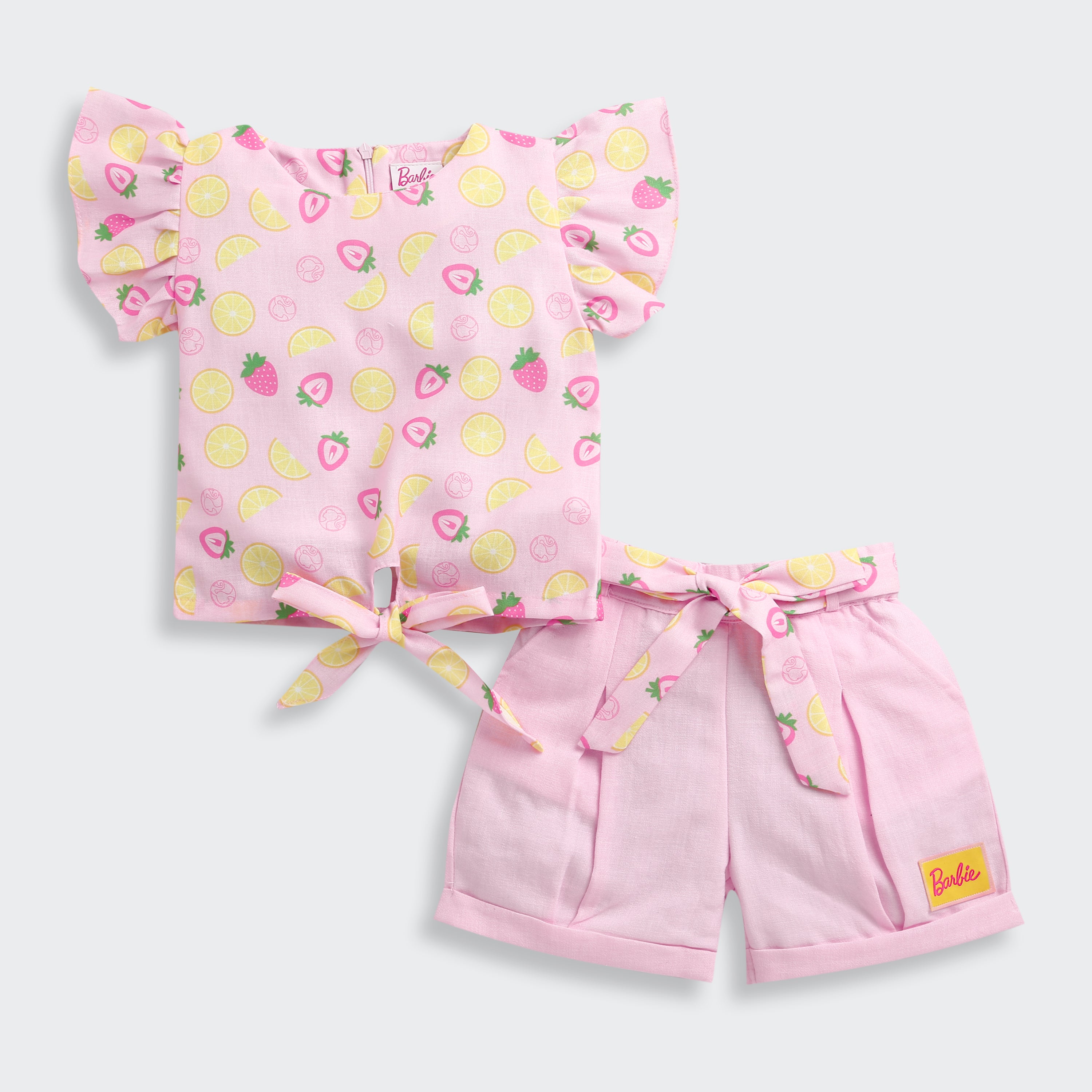Girls Pink Printed Shorts Set