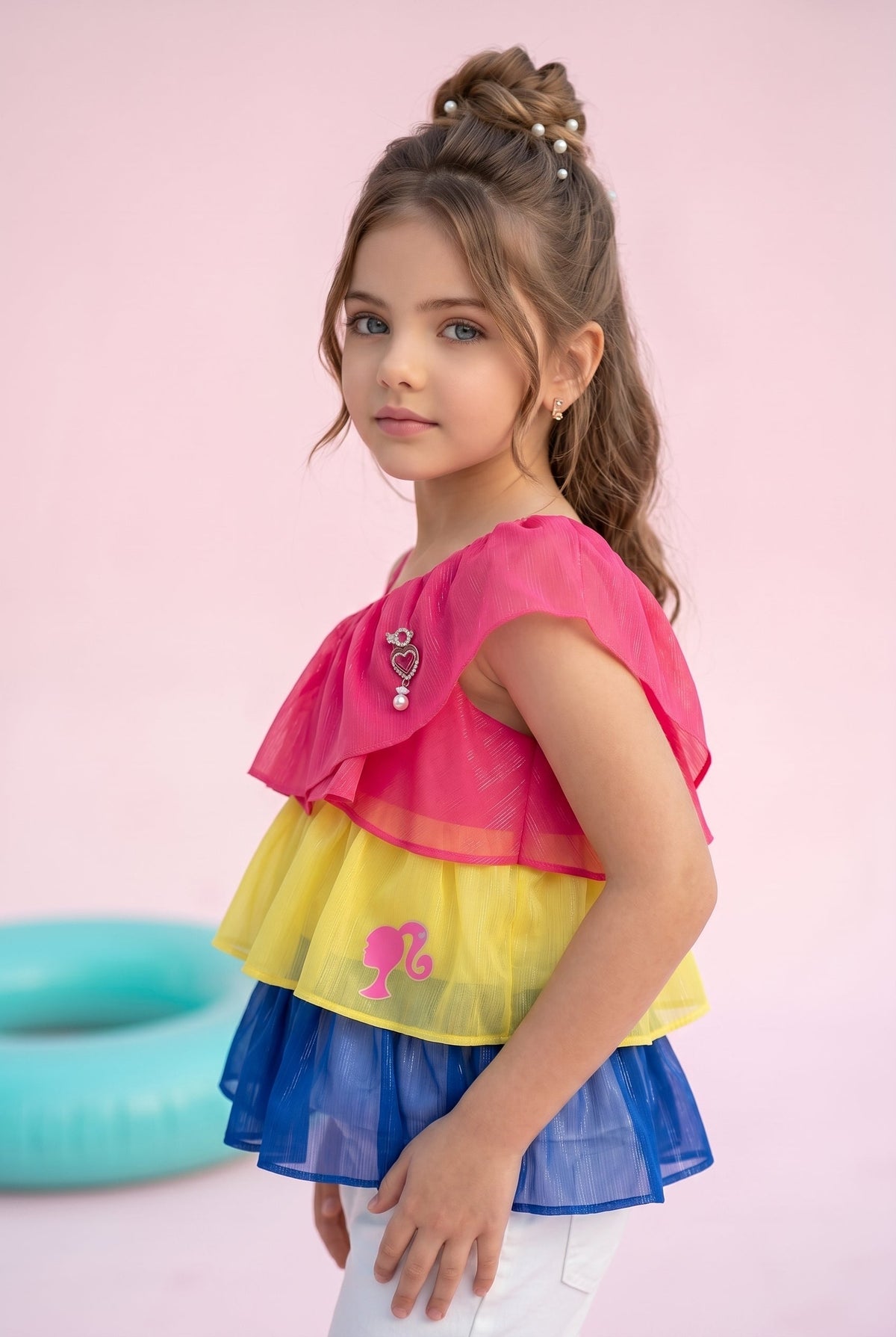 Barbie Rainbow Tiered One-Shoulder Top