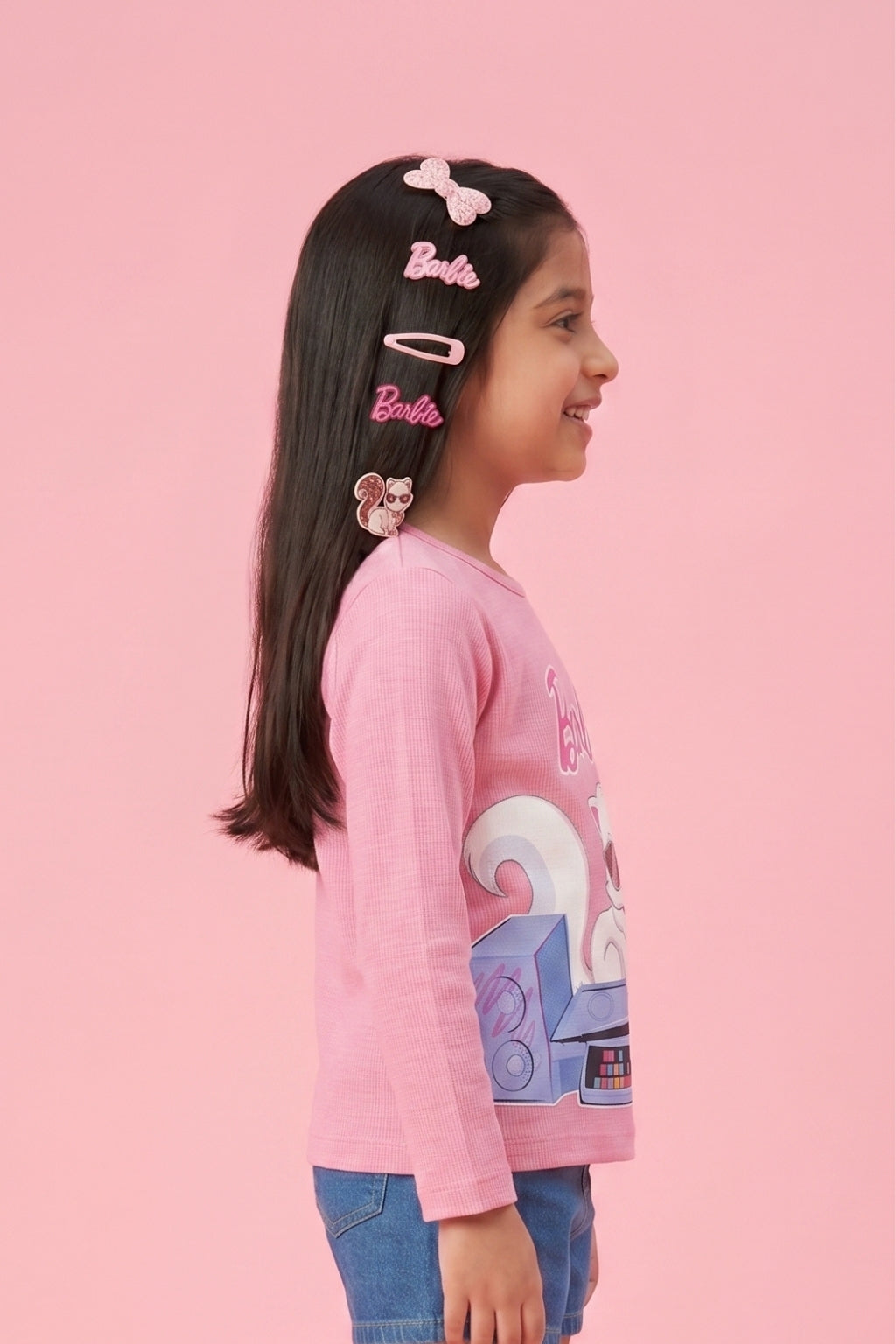 Girls Pink Textured Graphic Print Casual Top