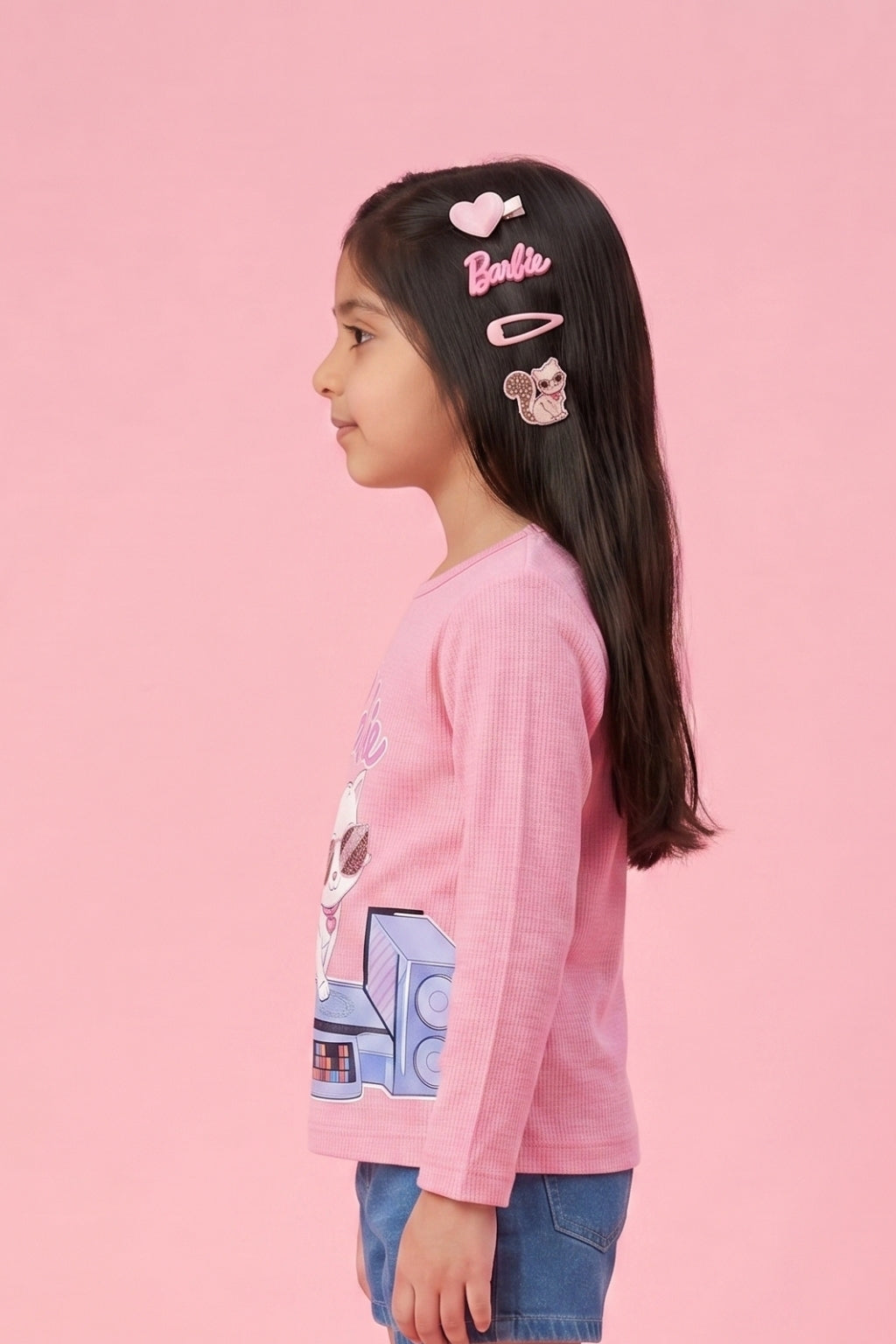 Girls Pink Textured Graphic Print Casual Top