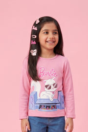 Girls Pink Textured Graphic Print Casual Top