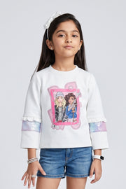 Girls White Graphic Print Casual Top