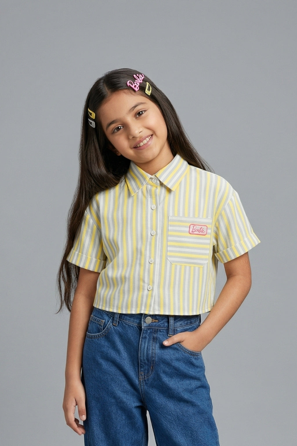 Girls Lemon Yellow Loose Fit Stripe Shirt