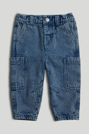 Boys Dark Blue Cotton Barrel Fit Casual Jeans