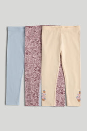 Girls Print & Plain Mix Knit Leggings Multi Pack of 3