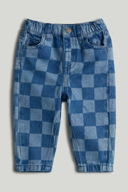 Baby Boys Navy Checkered Woven Jeans
