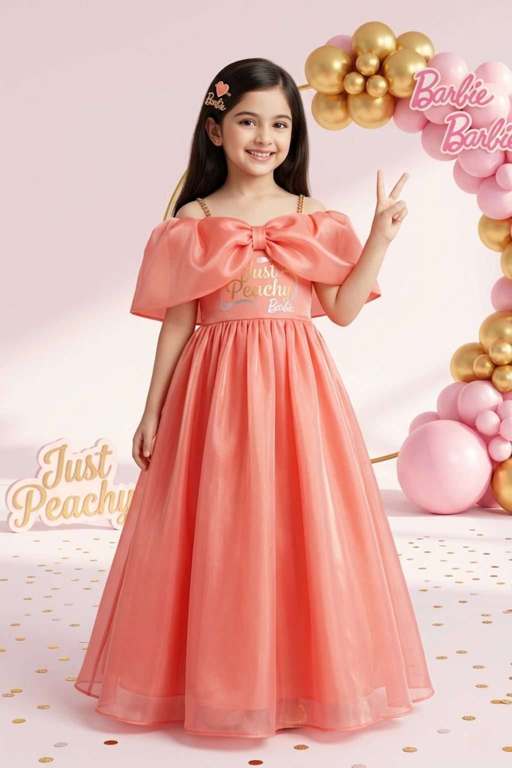 Barbie Girls Peach Bow Party Gown Off Shoulder Tulle