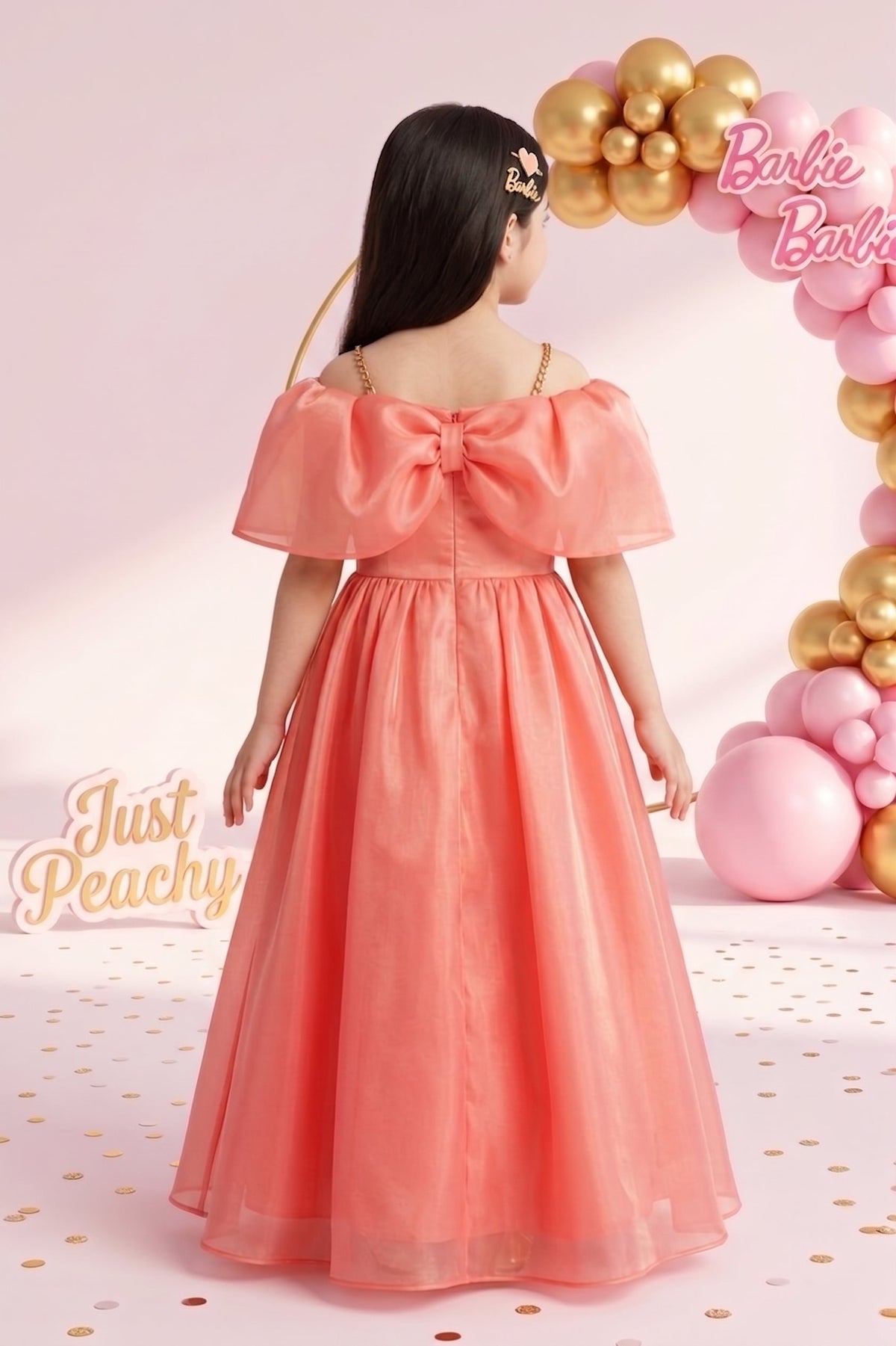 Barbie Girls Peach Bow Party Gown Off Shoulder Tulle