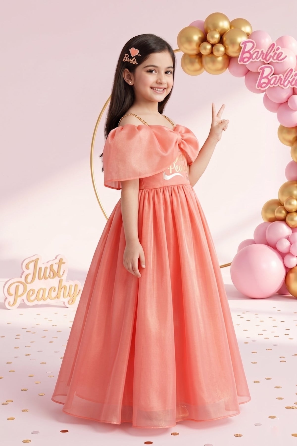 Barbie Girls Peach Bow Party Gown Off Shoulder Tulle