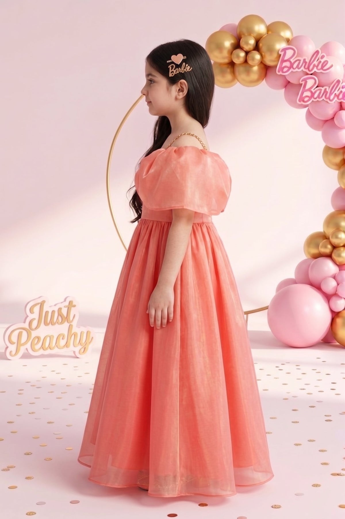 Barbie Girls Peach Bow Party Gown Off Shoulder Tulle