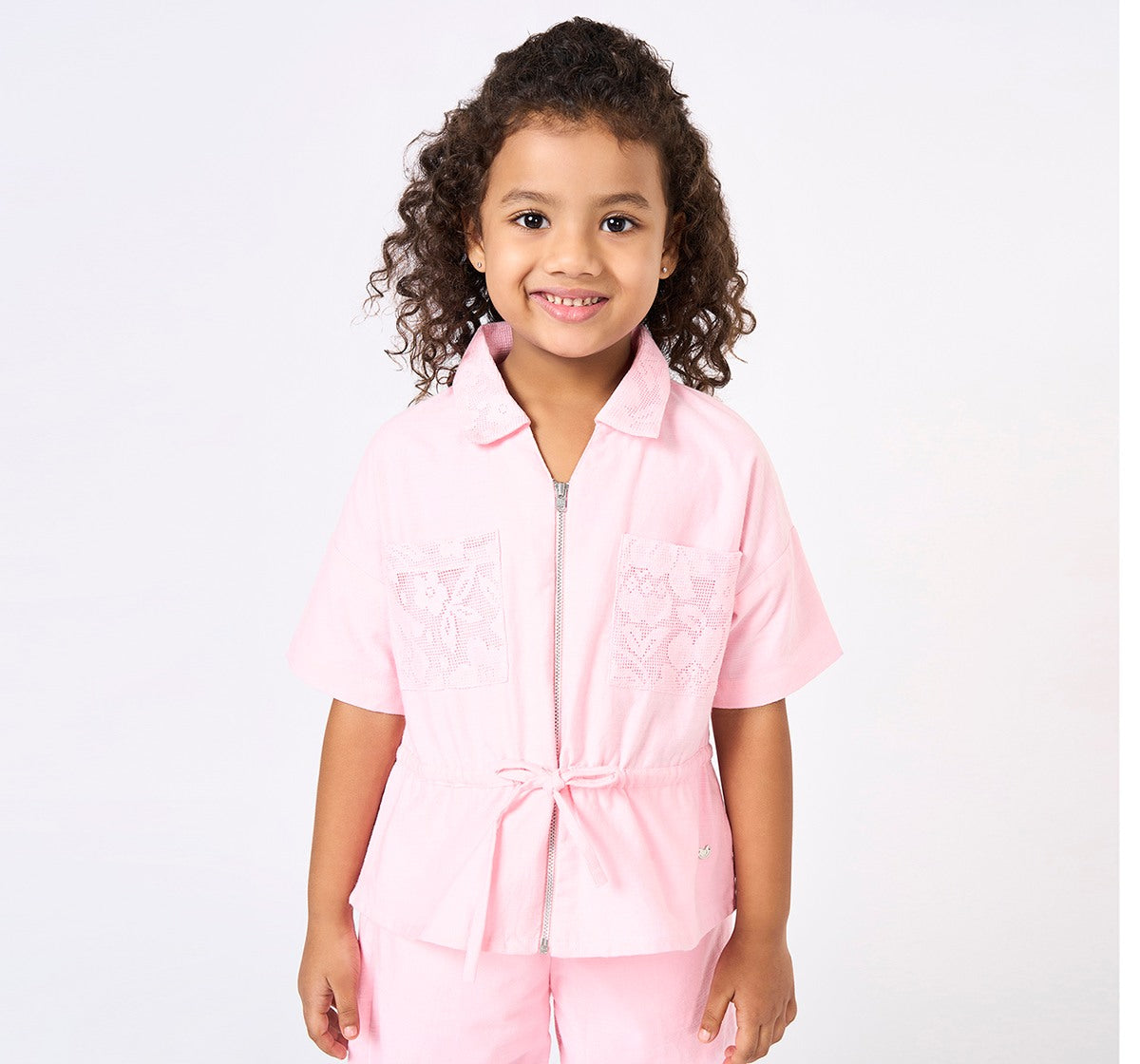 Girls Pastel Pink Lace Pocket Collared Co-ord Set