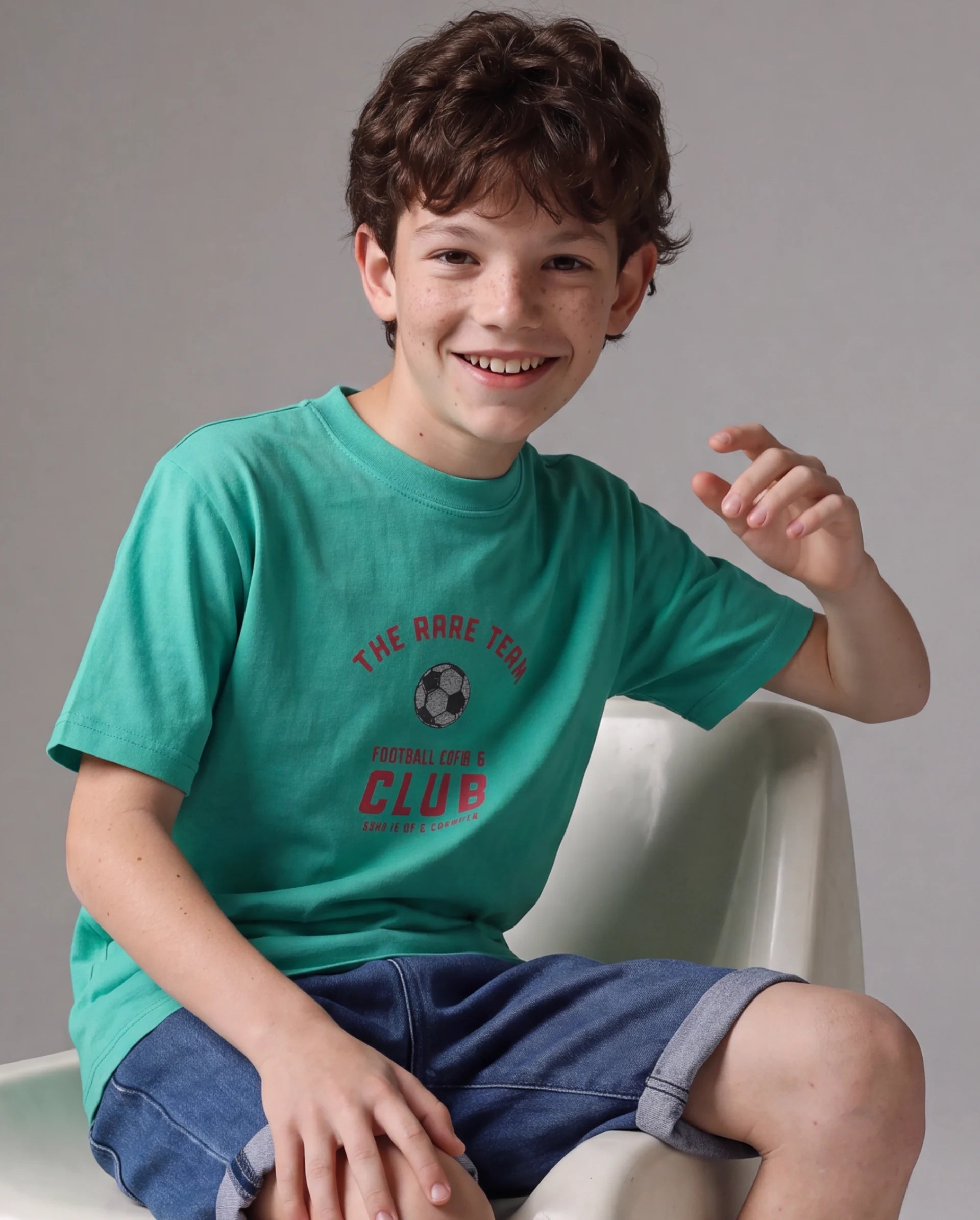 Boys Light Teal Regular-Fit Half-Sleeve Graphic Print Cotton T-Shirt
