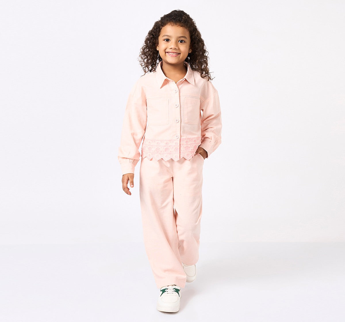 Embroidered Hem Shirt with Bottom Set Pink