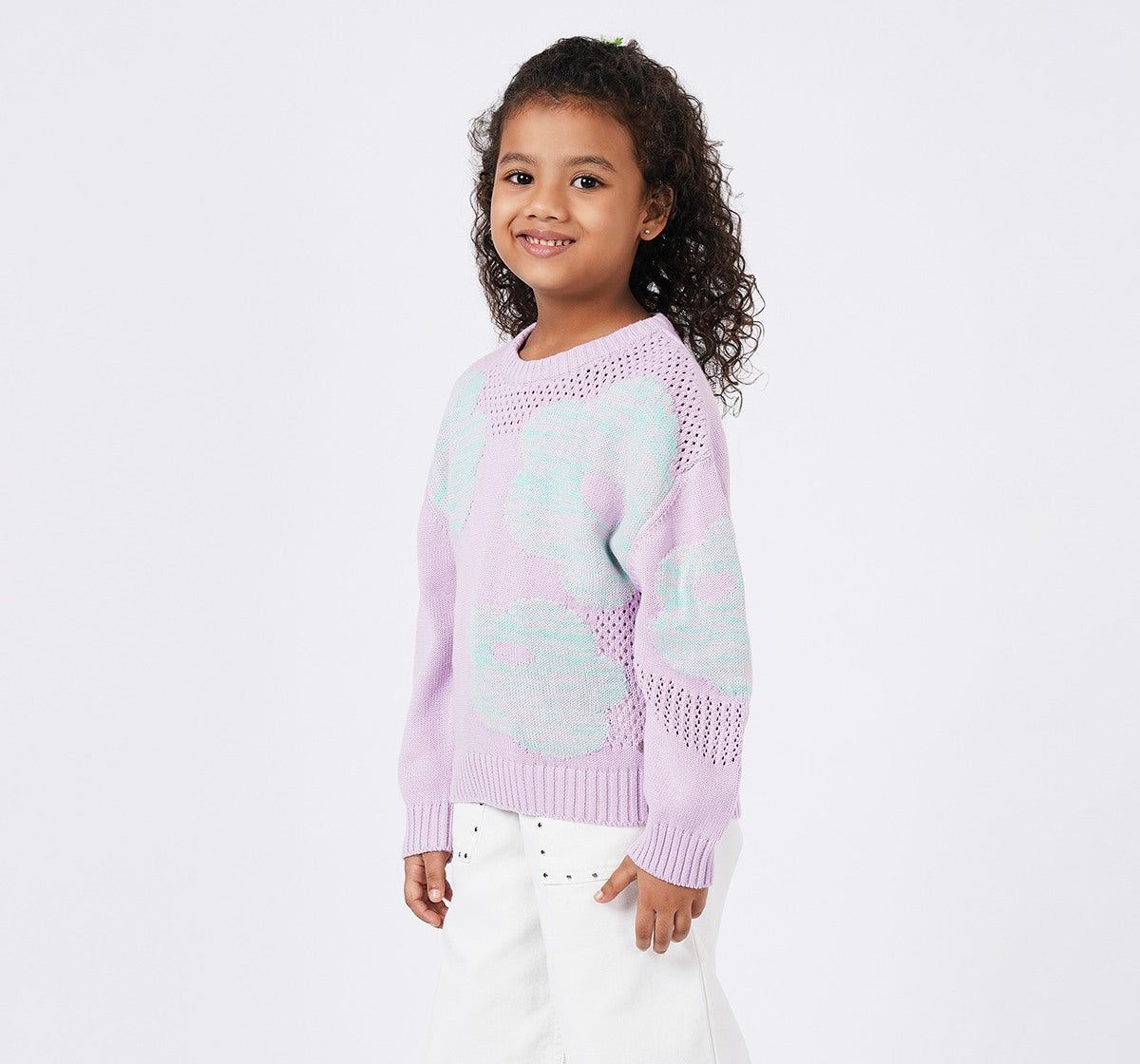 Sweater with Flower Motif & Mesh Detail Lilac