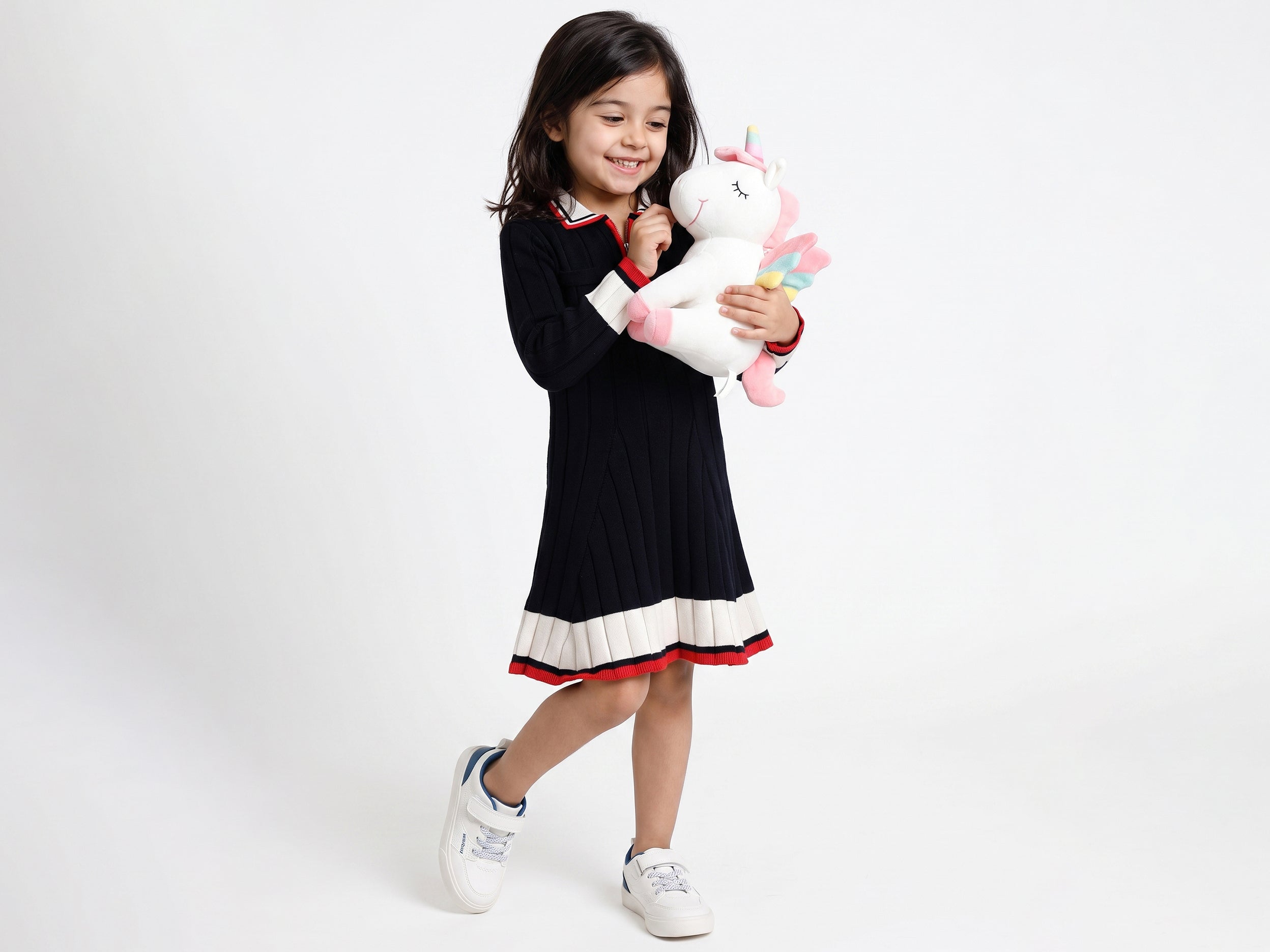 Girls Navy Cotton Tricot Polo Dress with Zip & Pocket