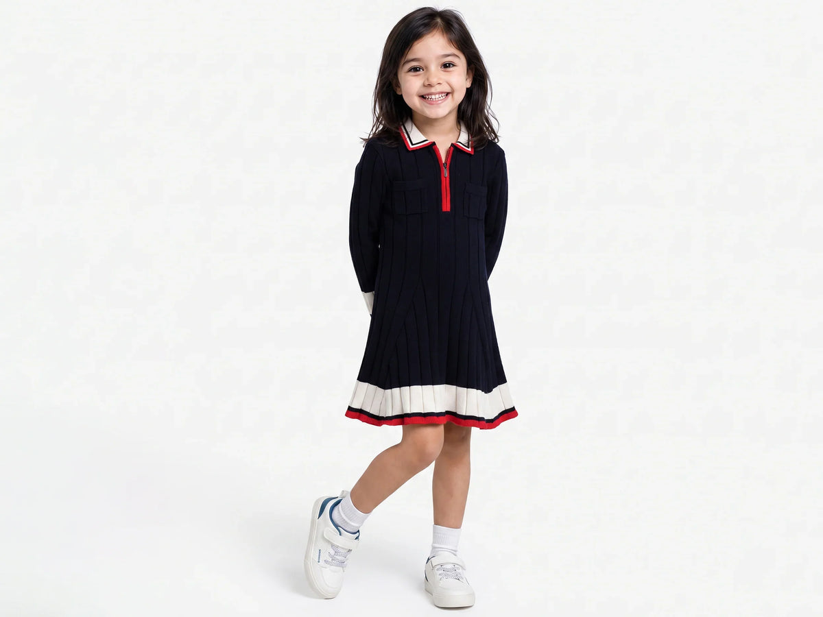 Girls Navy Tricot Knit Dress