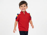 Boys Red Cotton Mock Zipper Short-Sleeve Jacquard Tricot Shirt