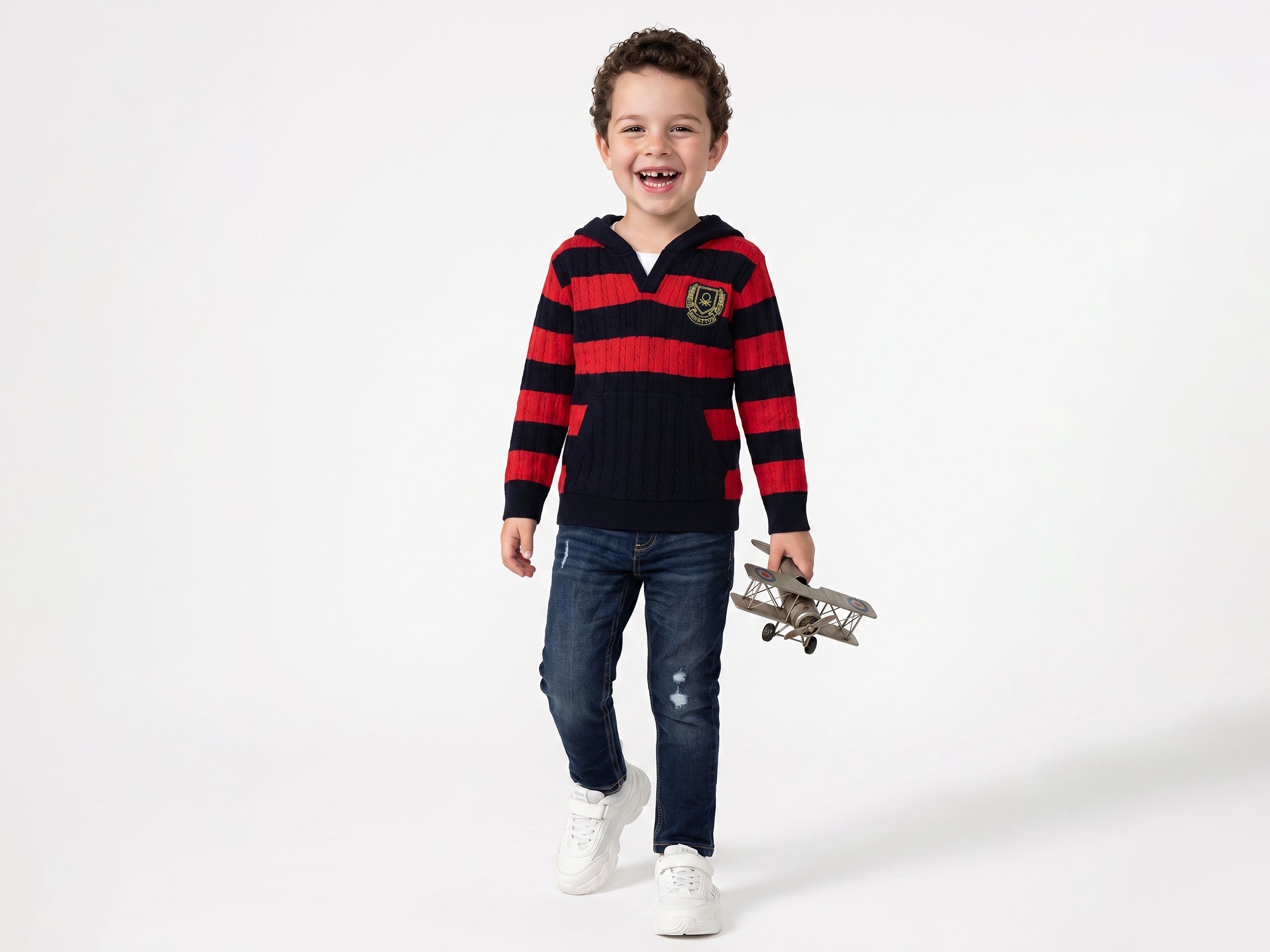 Boys Red & Navy Cable Knit Cotton Hoodie with Pocket