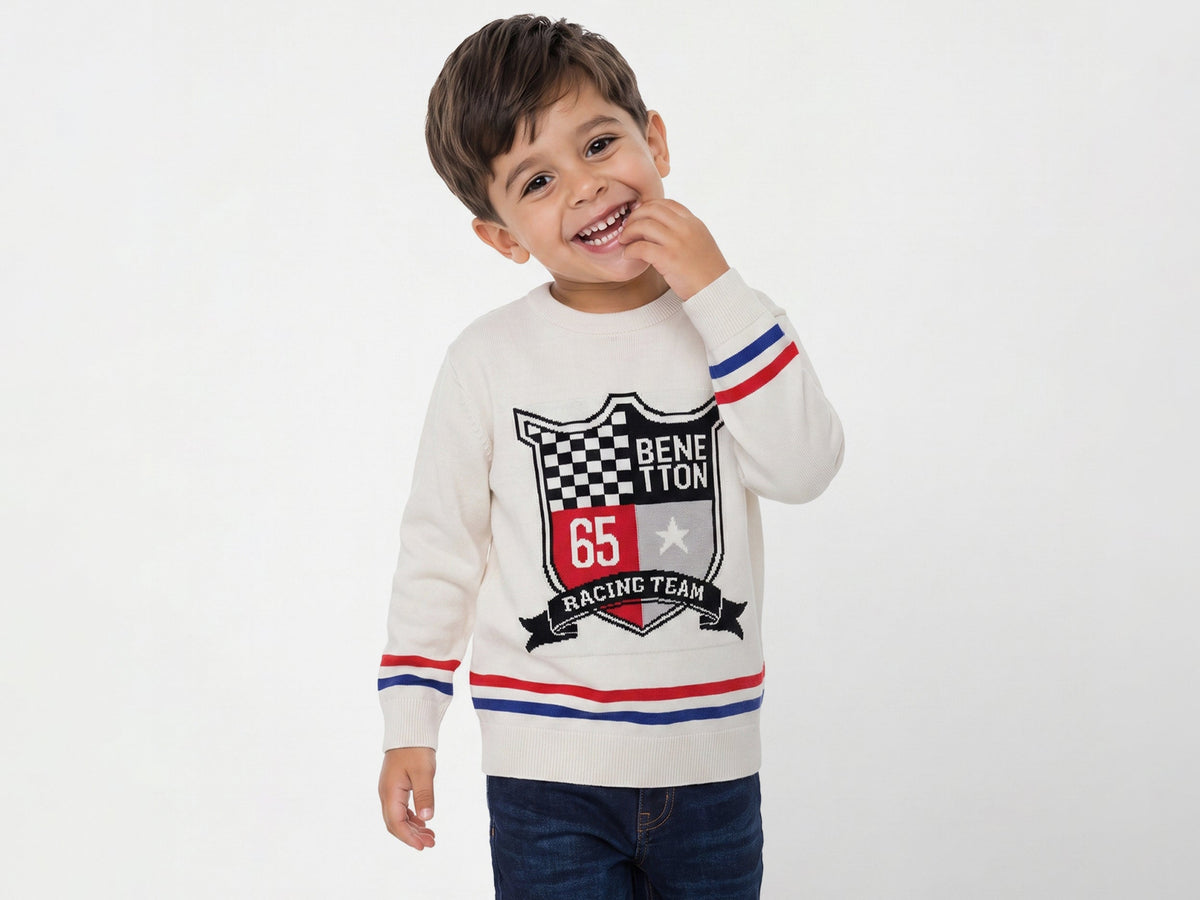 Boys Off White Shield Jacquard 100% Cotton Tricot Sweater