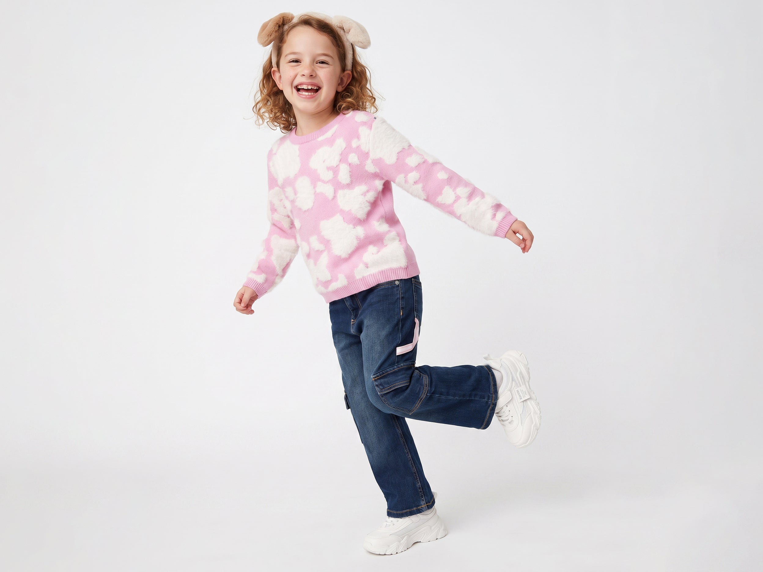 Girls Pink Dalmatian Jacquard Fuzzy Yarn Tricot Top