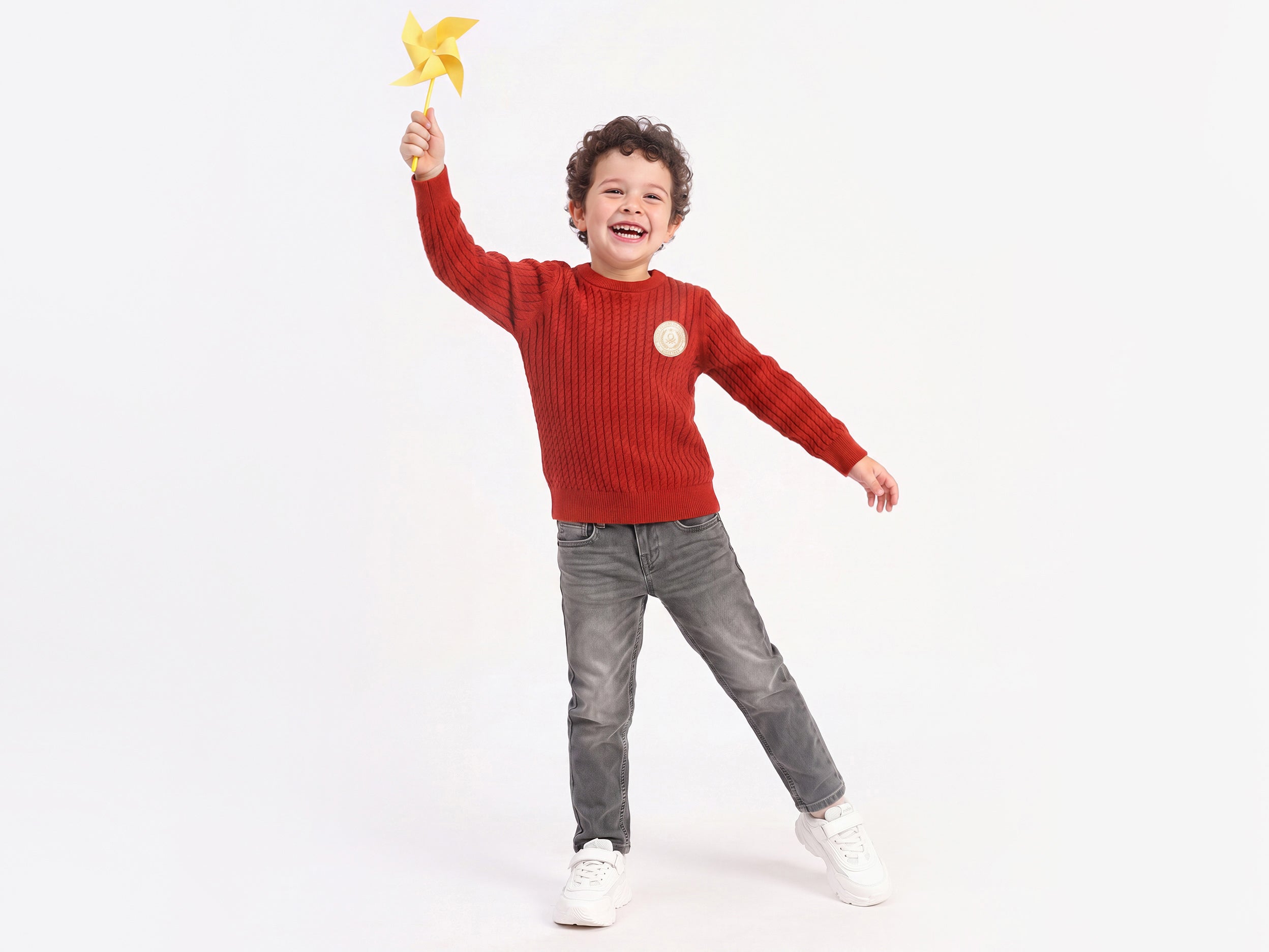 Boys Rust Fine Cable 100% Cotton Sweater with Badge
