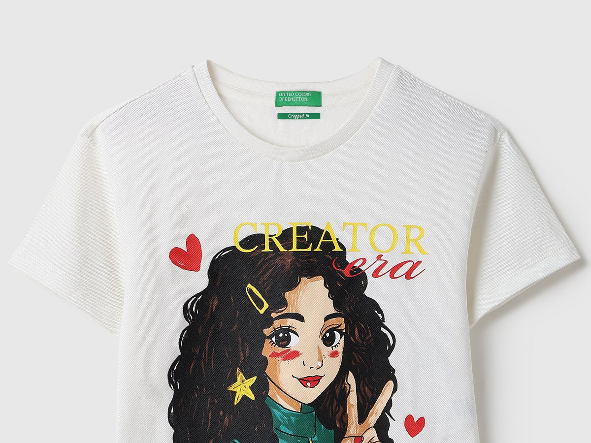 Girls Off White Cotton Knit T-Shirt