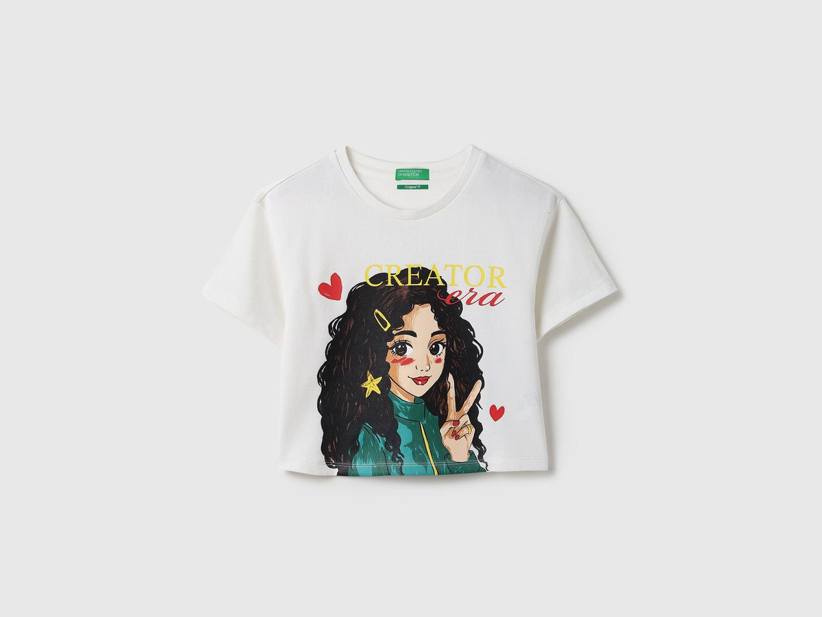 Girls Off White Cotton Knit T-Shirt