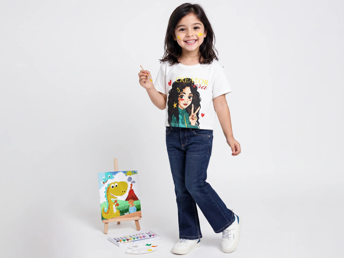 Girls Off White Cotton Knit T-Shirt