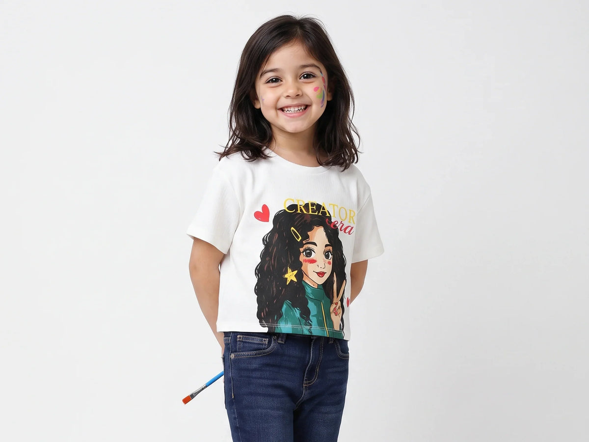 Girls Off White Cotton Knit T-Shirt