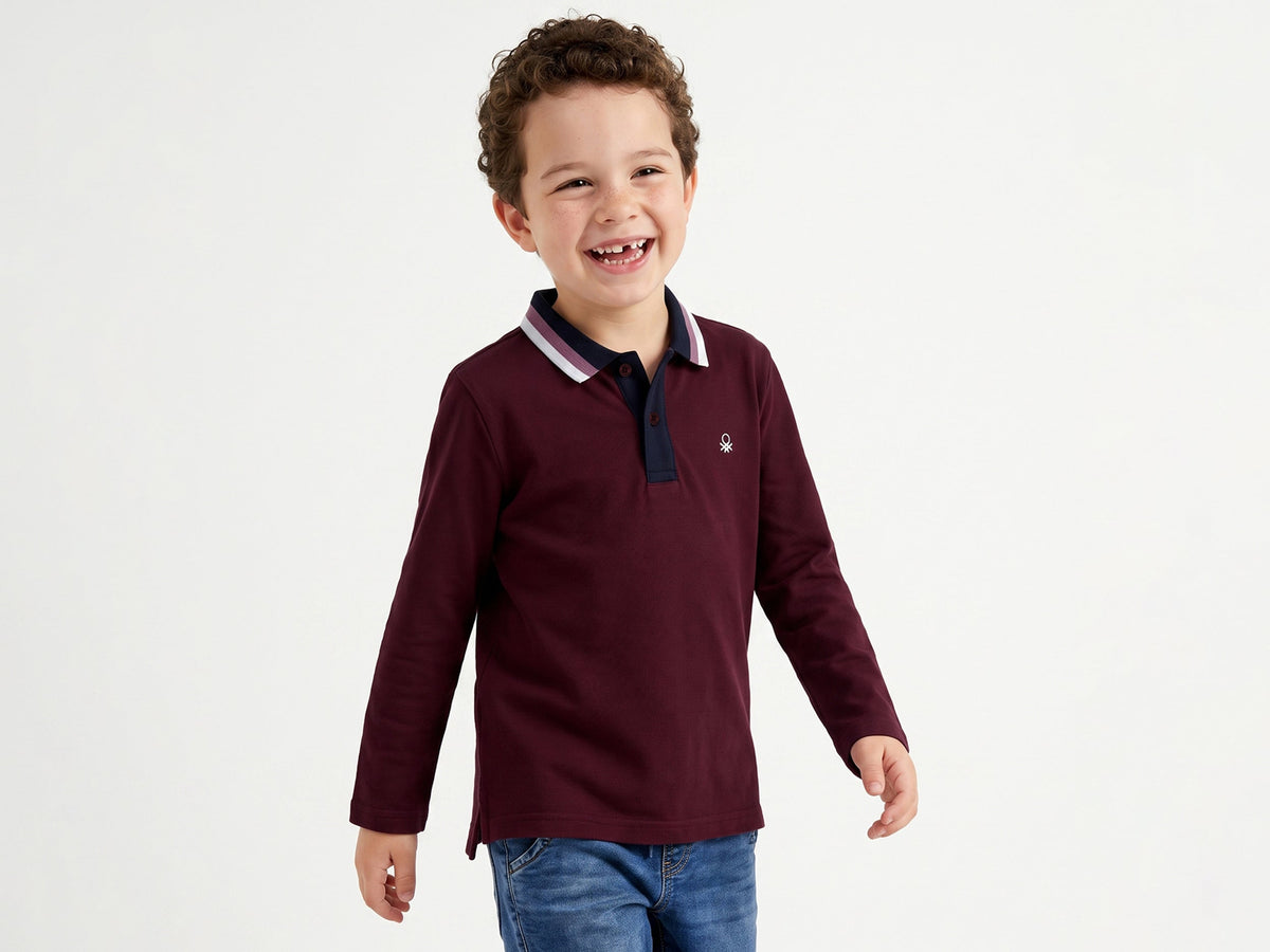 Boys Wine Solid Long-Sleeve 100% Cotton Polo Shirt